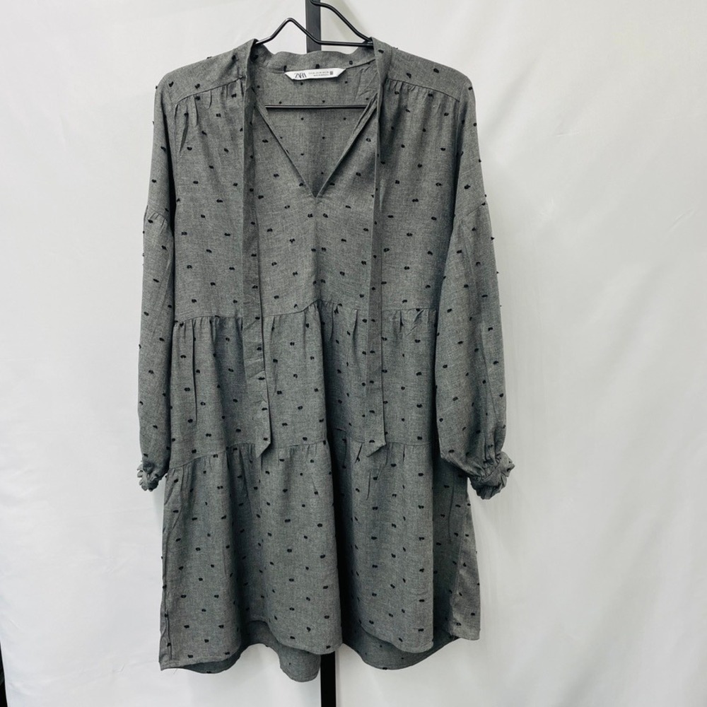 Zara Mini Dress Grey Black Swiss Dot Tiered Babydoll Boho XS